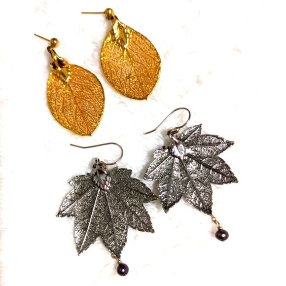 Vintage 80s Silver-plated/Gold Filled Leaf Motif Earrings Made from Real Leaves - Picture 2 of 16
